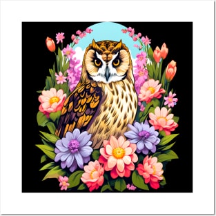 A Cute Short Eared Owl Surrounded by Bold Vibrant Spring Flowers Posters and Art